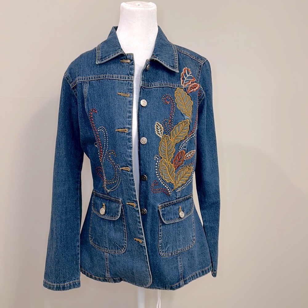 Women’s Leaf Embroidered Blue Denim Blazer by Fusha- Small   100% Cotton